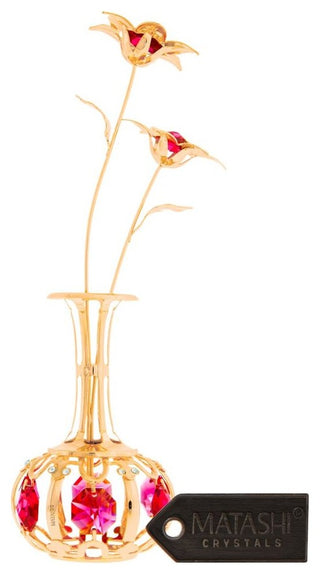 24K Gold Plated Sun Flowers In Vase Ornament With Red Crystals