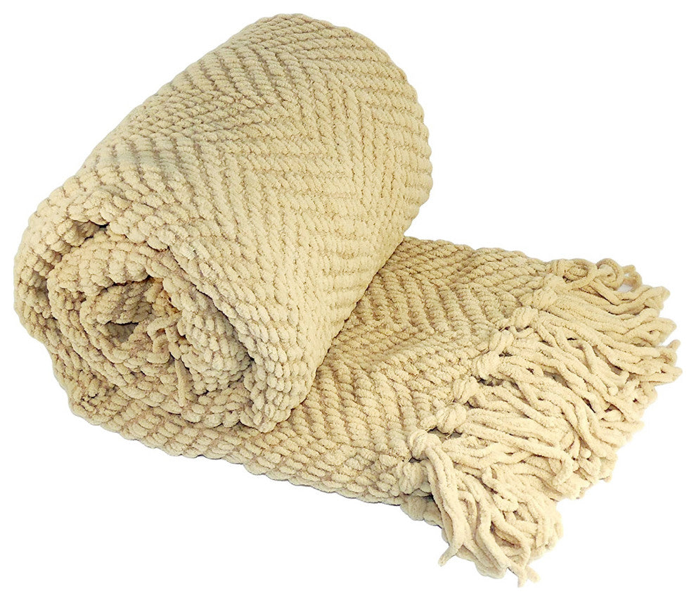 Tweed Knitted Throw Blanket, Light Camel Beige, 50"x60"