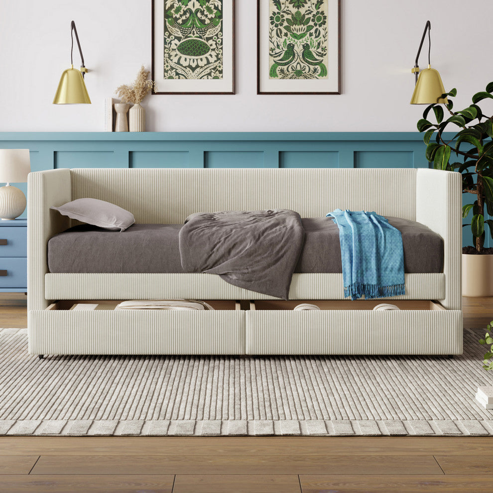 Gewnee Twin Size Corduroy Daybed with Two Drawers and Wood Slat in Beige