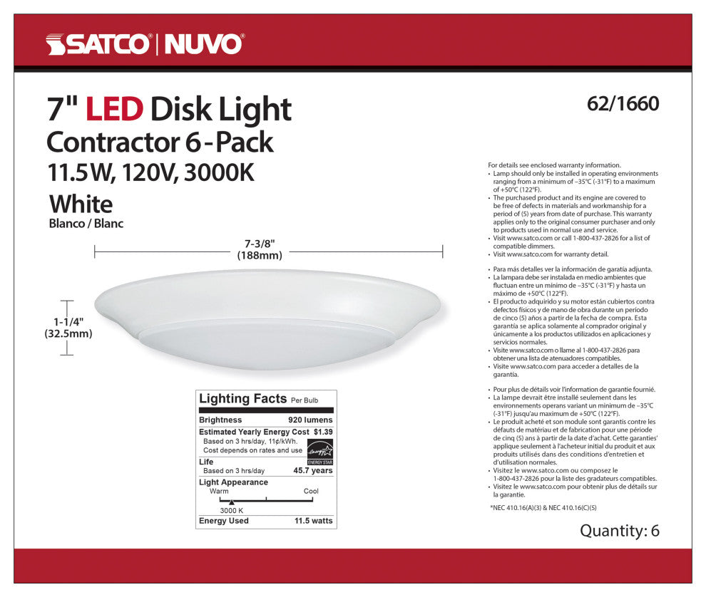 7 inch - LED Disk Light - 3000K - 6 Unit Contractor Pack - White Finish