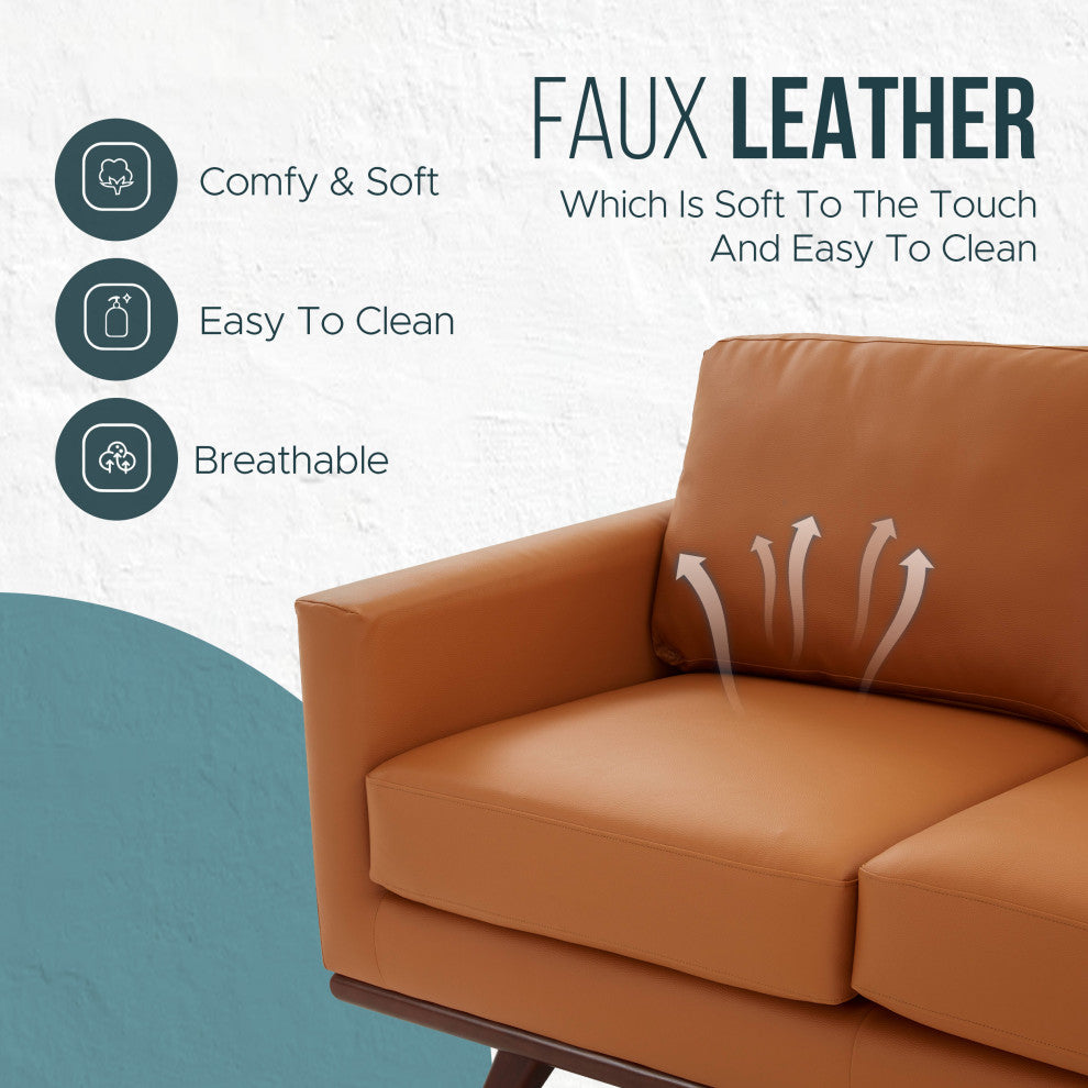 LeisureMod Chester Modern Leather Loveseat With Birch Wood Base, Cognac Tan