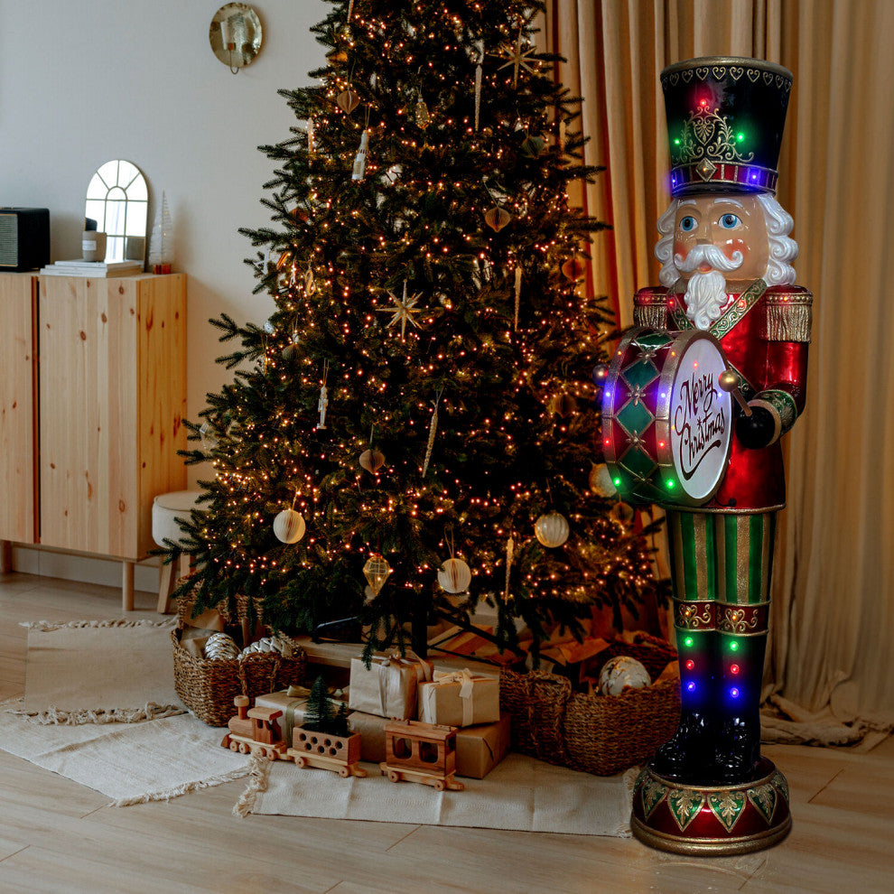 6' Nutcracker Playing Bass Drum With Moving Hands, Music, Timer, 32 LED Lights
