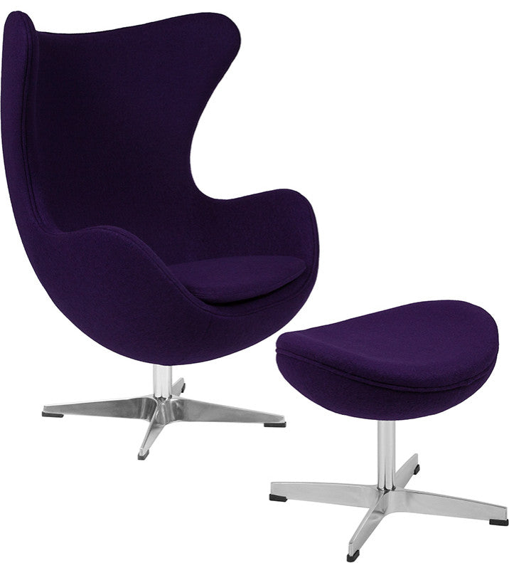 Purple Wool Fabric Egg Chair With Tilt-Lock Mechanism And Ottoman