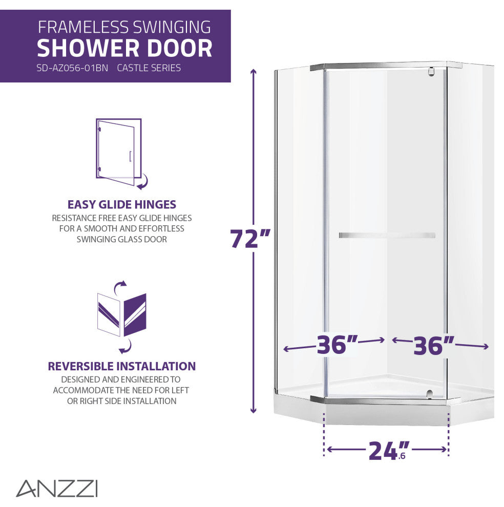 ANZZI Castle 49"x72" Hinged Semi-Frameless Shower Door, Brushed Nickel
