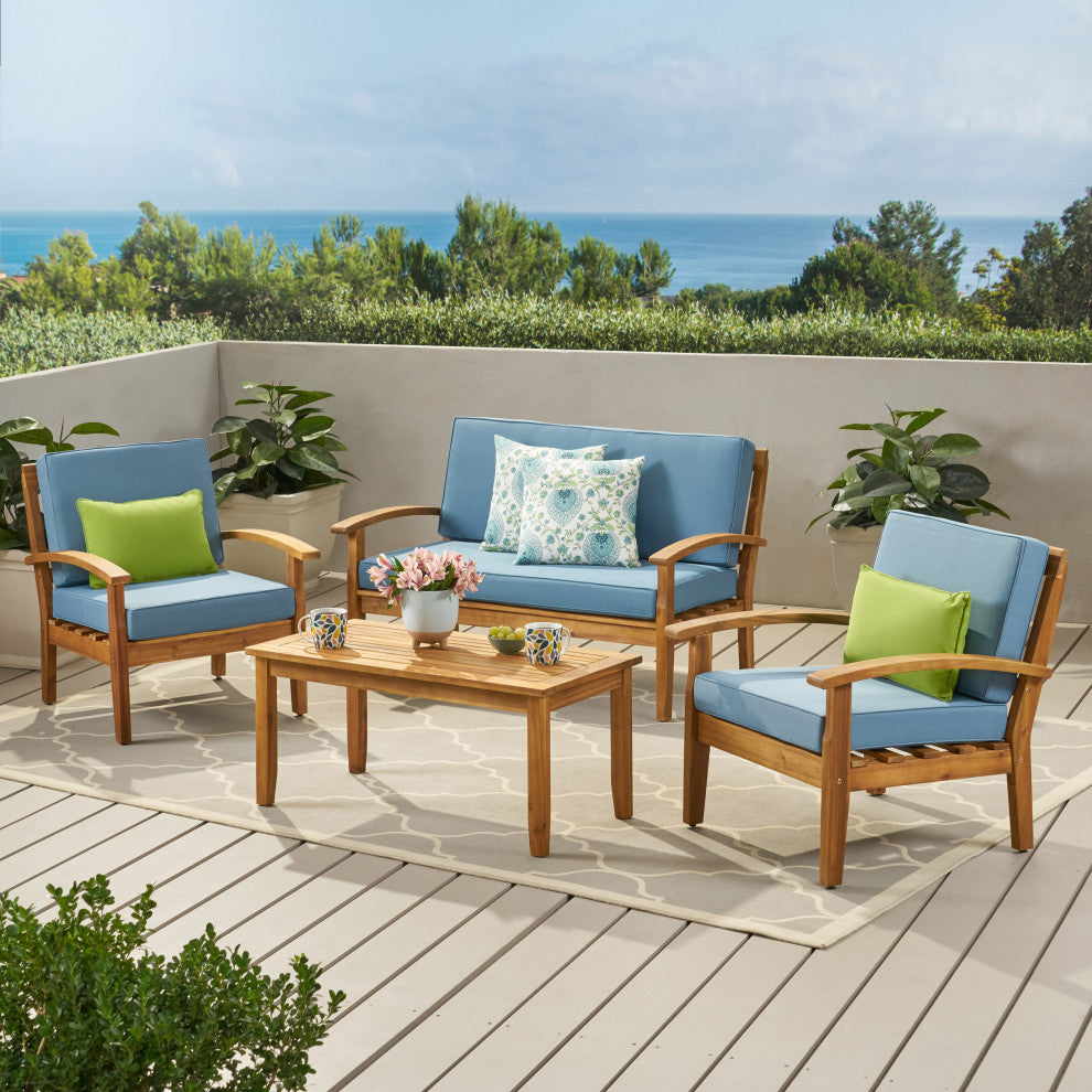 GDF Studio 4-Piece Peyton Acacia Wood Chat Set With Water Resistant Cushions, Blue