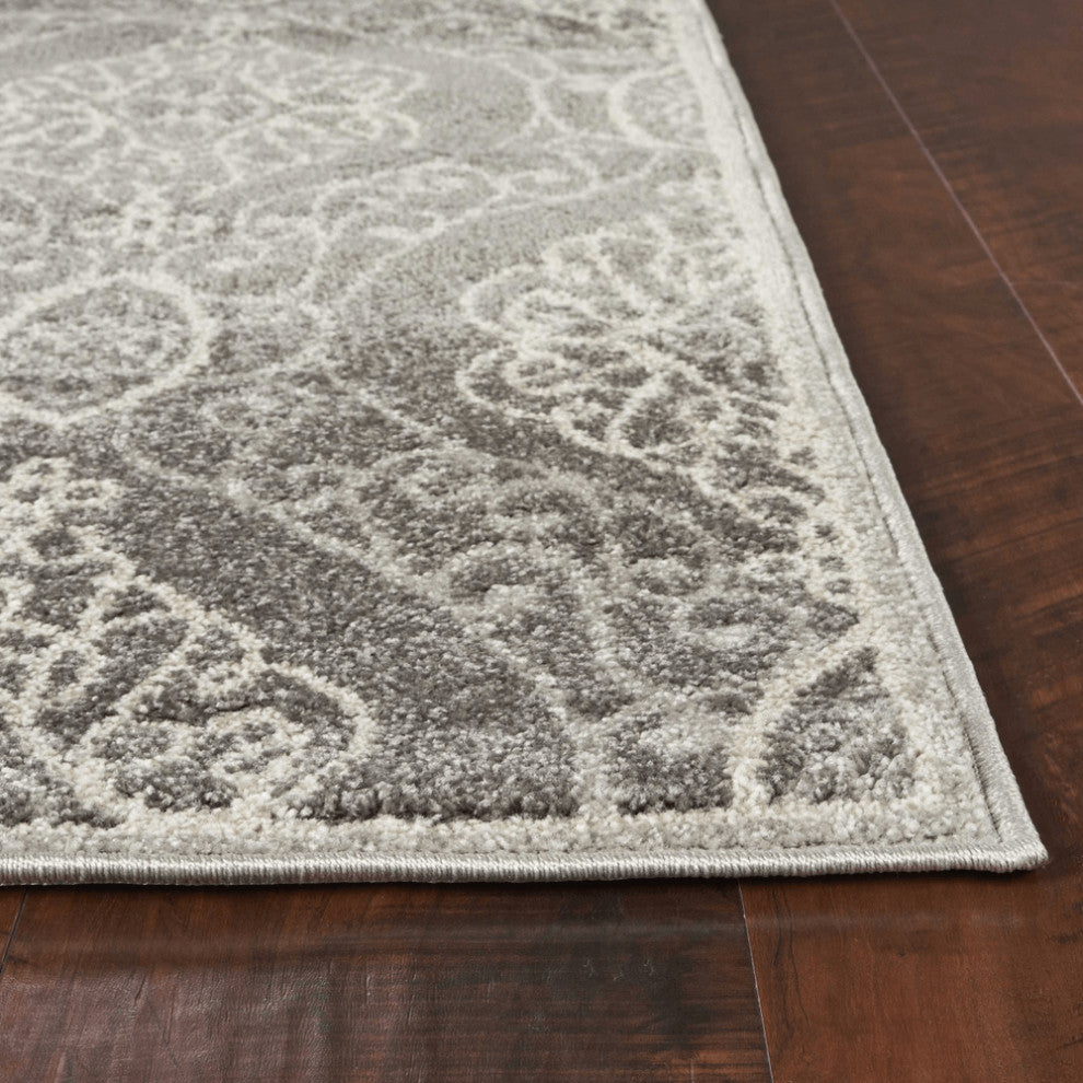 7'X10' Silver Grey Machine Woven Uv Treated Floral Ogee Indoor Outdoor Area Rug