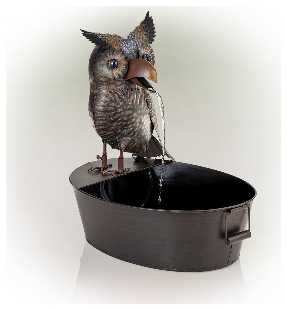 Alpine Metal Owl on a Tin Fountain, 23" Tall