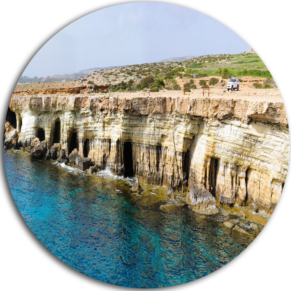 Sea Caves Near Cape Greko Panorama, Seascape Disc Metal Artwork, 11"