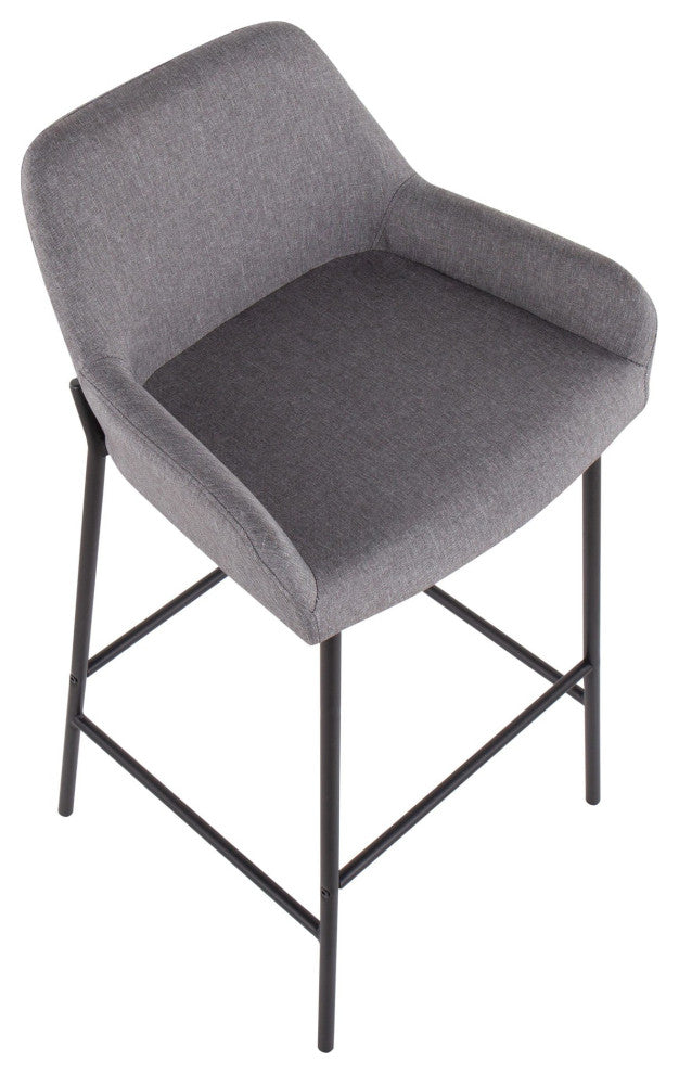 Daniella Industrial Fixed-Height Bar Stool, Black Metal/Gray Fabric, Set of 2