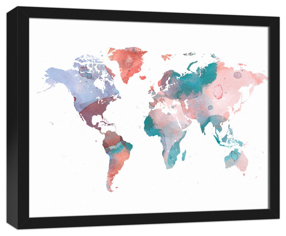 Jewel Tones World Map 16x20 Black Framed Canvas