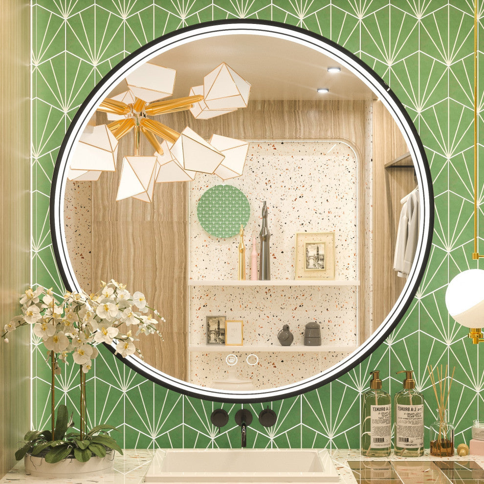 Metal Framed Round LED Vanity Mirror Anti-Fog Wall Mount Makeup Mirror, 36"