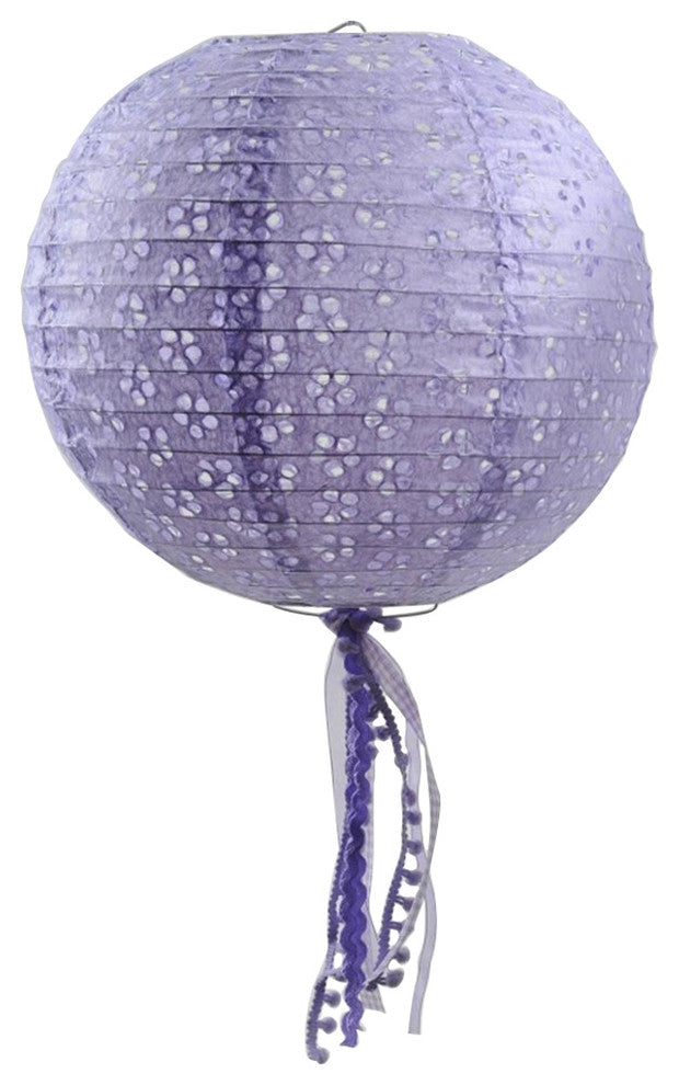 10" Tea Garden Purple Floral Cut-Out Chinese Paper Lantern With Pom Pom Tassels