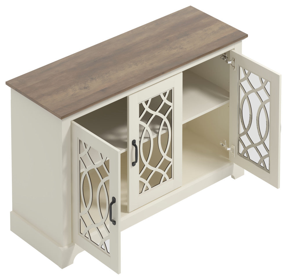 Raccon Wood 45.7 in. 3 Doors Sideboard with Adjustable Shelves, Ivory With Knotty Oak