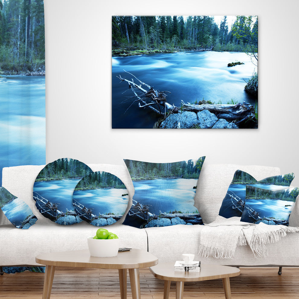 Beautiful Blue River in Forest Landscape Printed Throw Pillow, 18"x18"