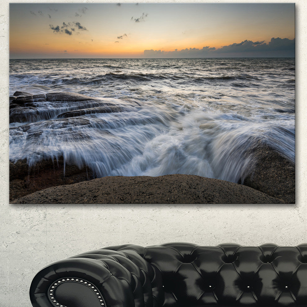 Troubled Sunset Sea Waves, Beach Photo Canvas Print, 40"x30"