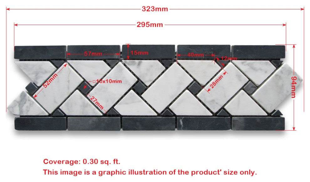 Thassos White Marble 4x12 Basketweave Mosaic Border / Black Dots Honed, 1 sheet
