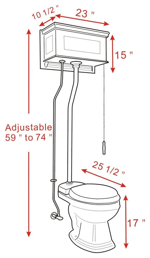 High Tank Toilets White Raised Panel Cherry Finish Round Z-Pipe, White, Silver, Cherry