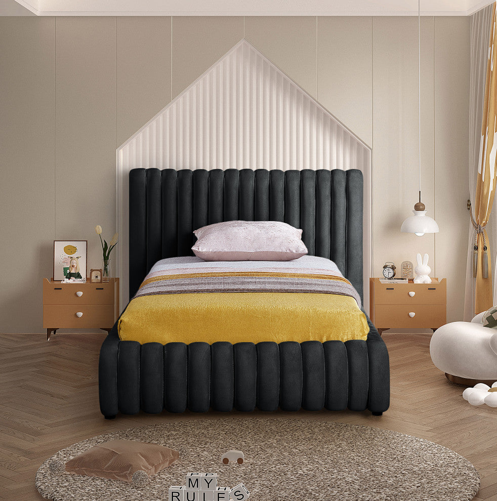 Nico Black Velvet Upholstered Bed, Black, Twin
