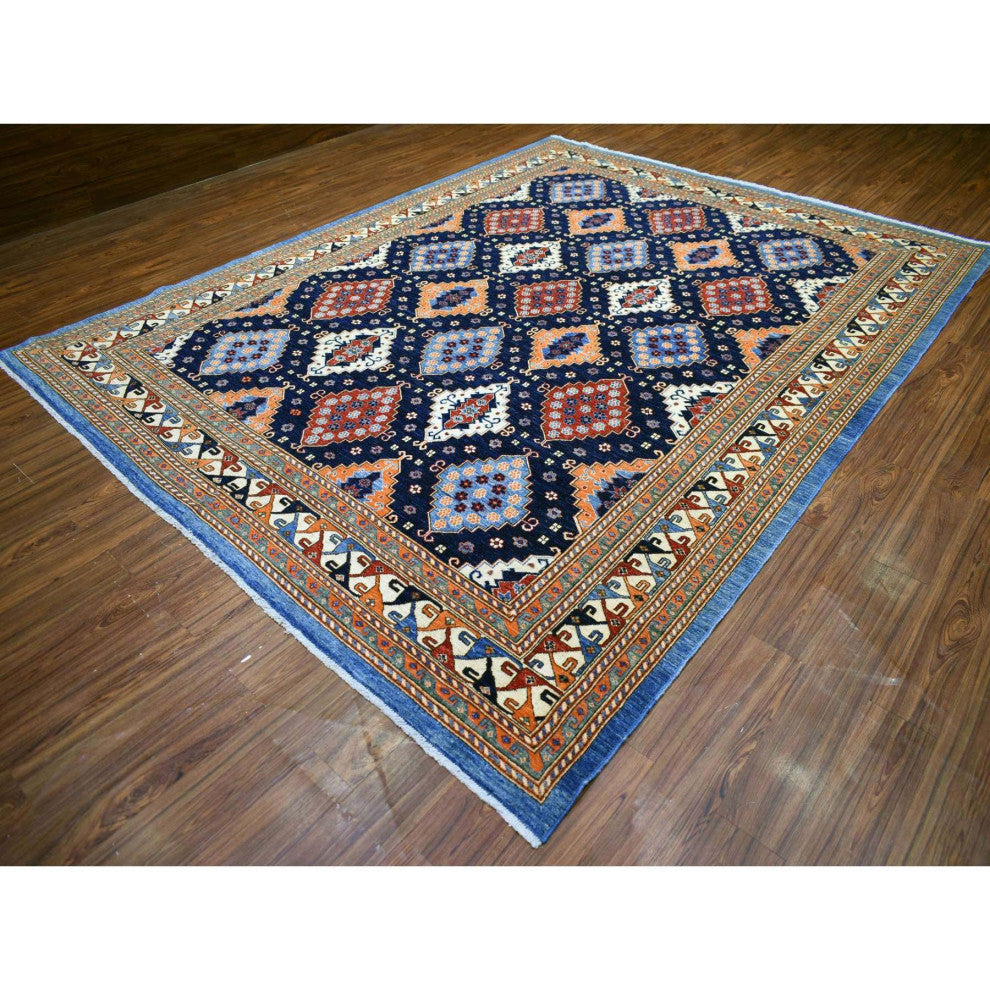 Blue Afghan Ersari With Large Elements Soft Wool Hand Knotted Rug, 9'2"x11'10"