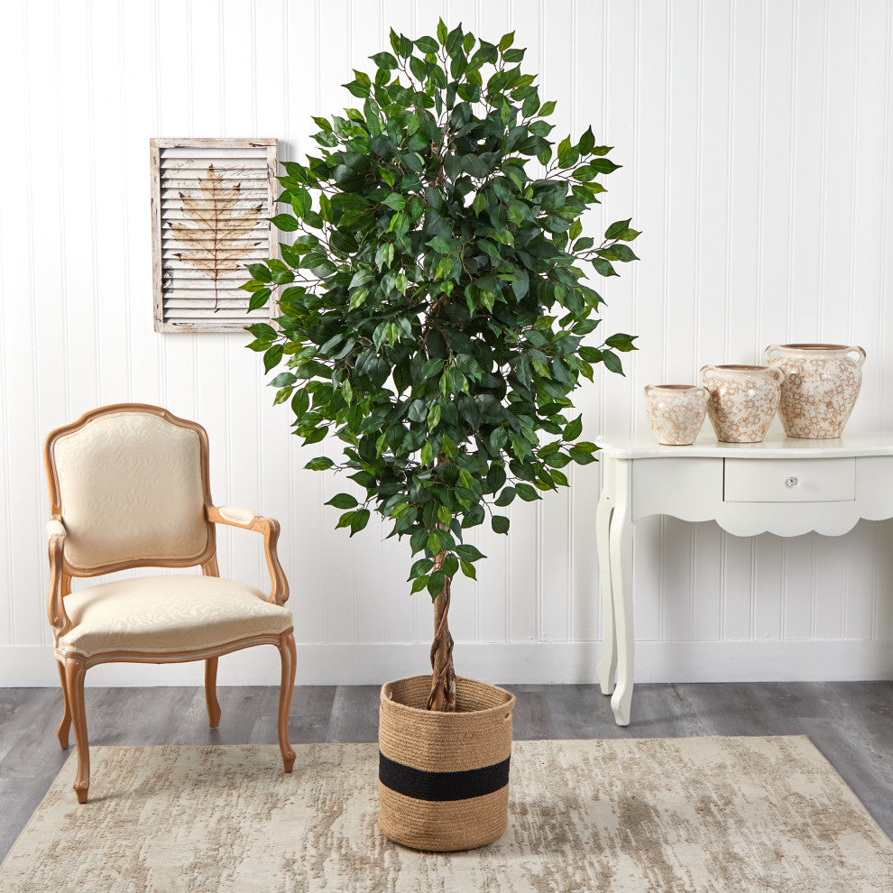 6' Ficus Artificial Tree With Natural Trunk, Handmade Natural Cotton Planter