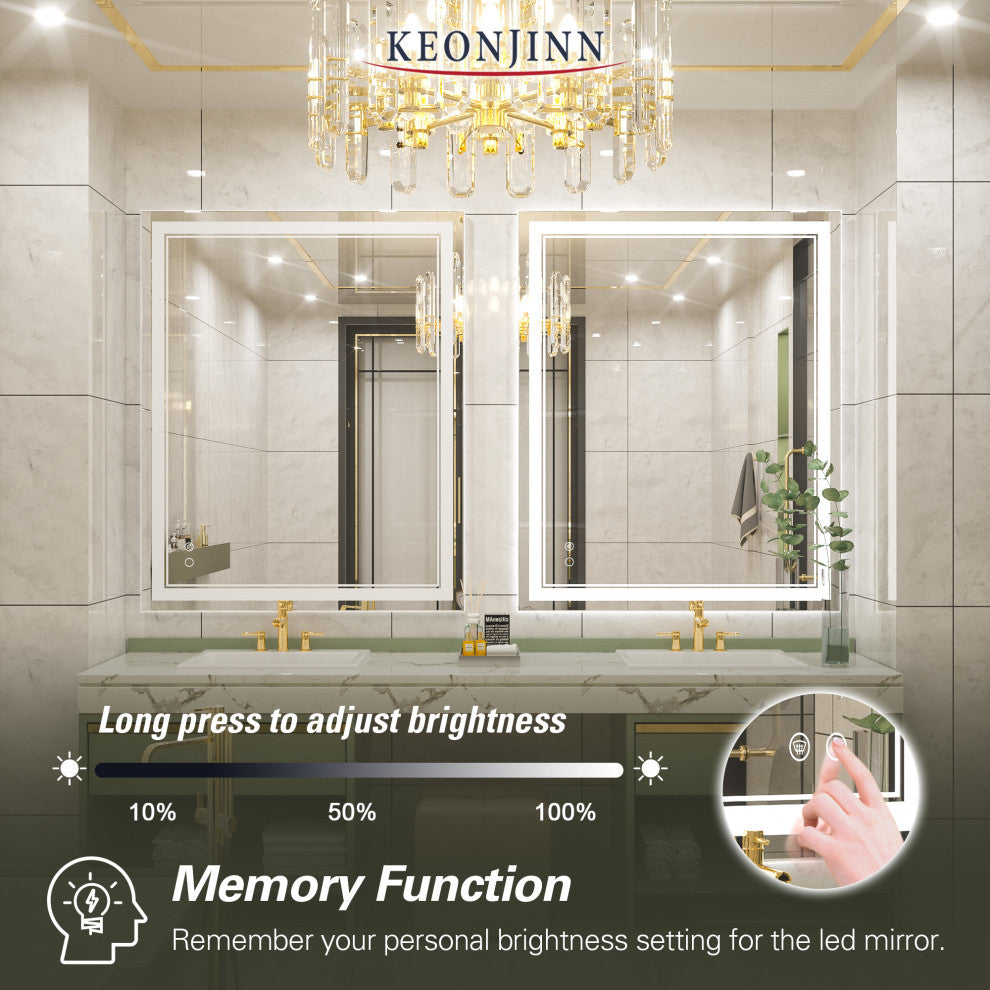 LED Bathroom Mirror, Anti-Fog Memory Dimmable IP54 Waterproof, 48"x32"