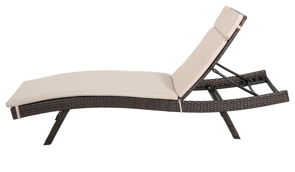 GDF Studio Lakeport Outdoor Wicker Chaise Lounge Chair With Cushion, Textured Be