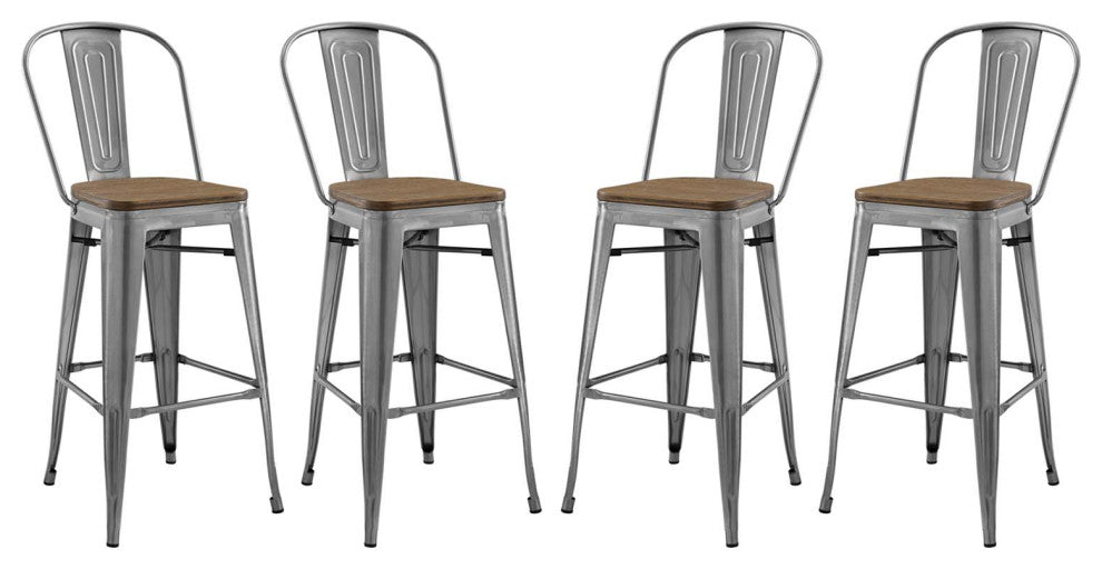 Bar Stool Chair Barstool, Set of 4, Wood, Gunmetal Silver, Bar Pub Cafe Bistro