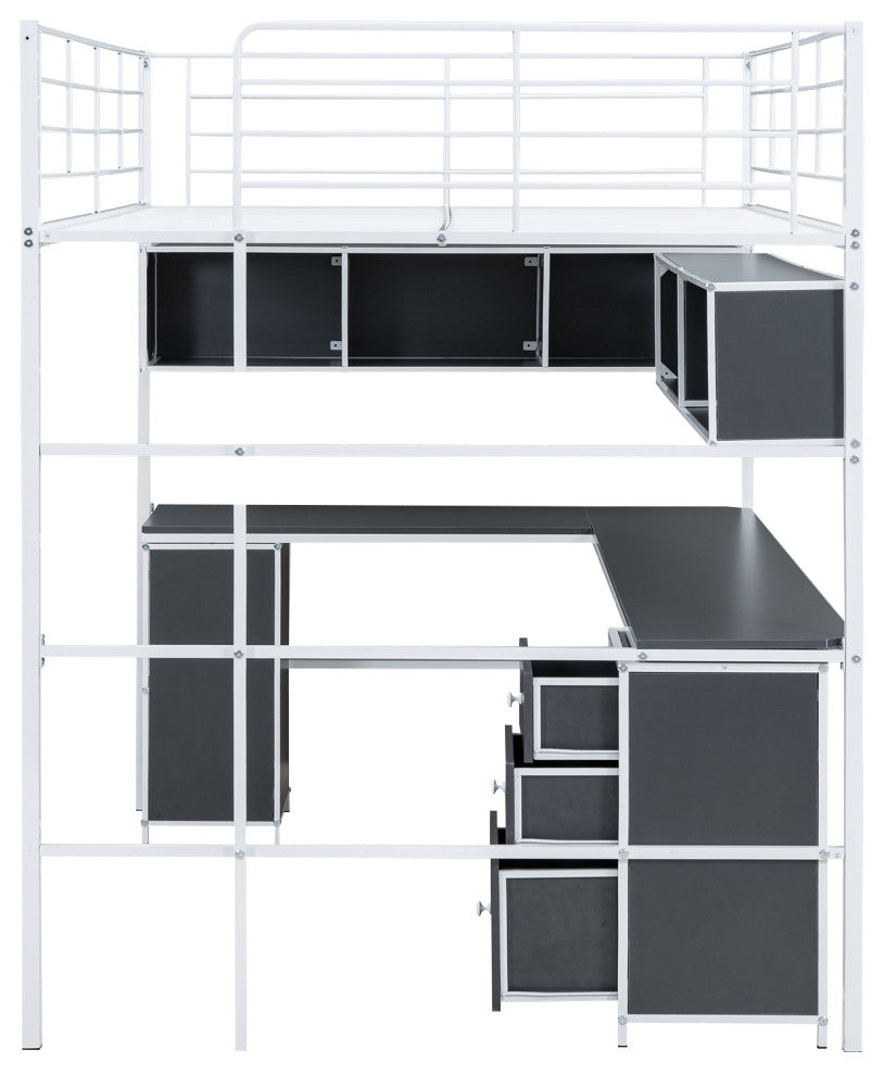 Gewnee Metal Loft Bed with bookcase, desk and cabinet, Full, White