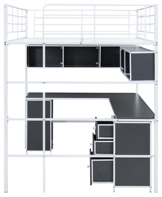 Gewnee Metal Loft Bed with bookcase, desk and cabinet, Full, White