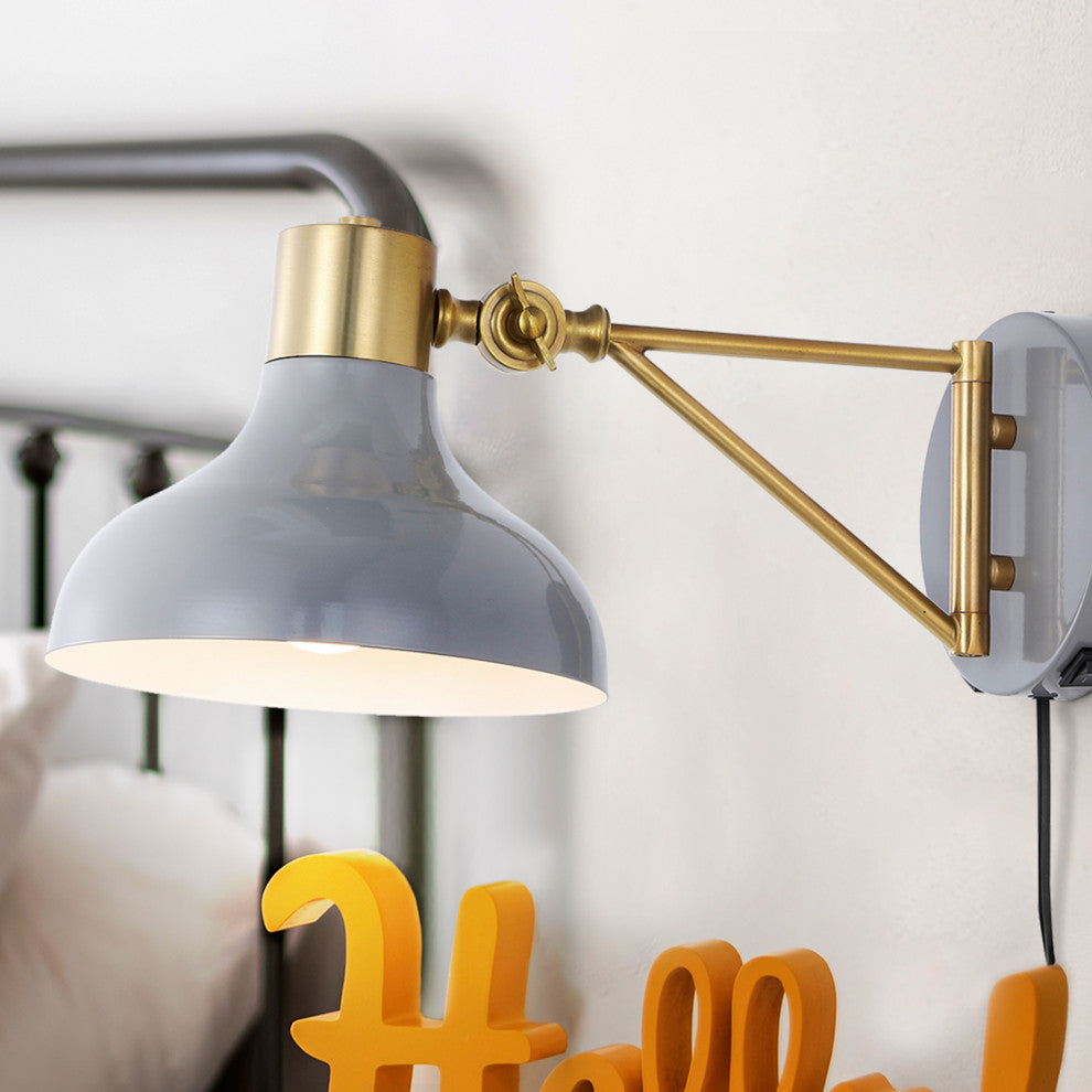 Lynn Swing Arm 1-Light Modern Midcentury Iron USB Charging Port LED Sconce, Gray