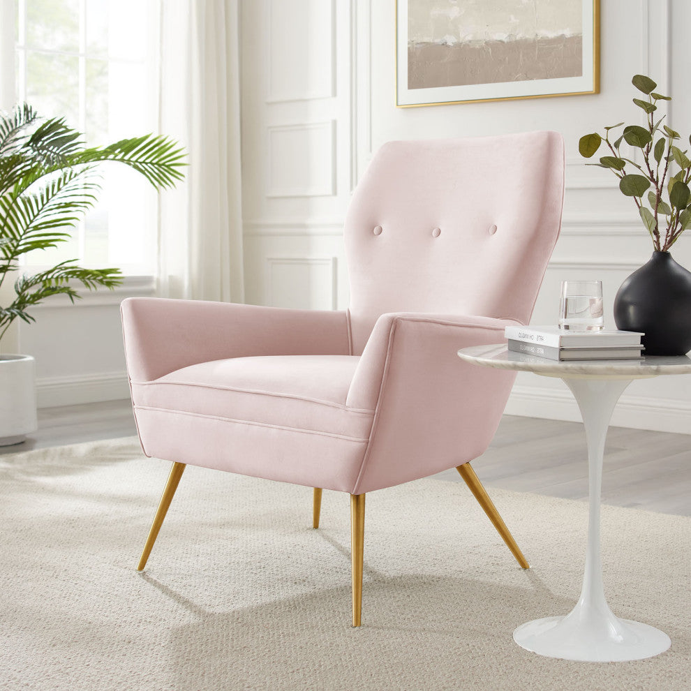 Armchair Accent Tufted Chair, Pink, Velvet, Modern, Mid Century Hotel Lounge