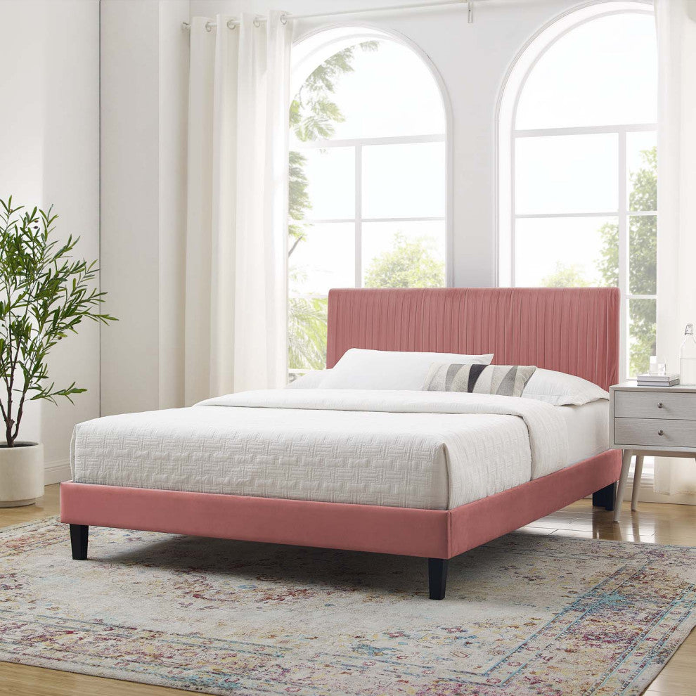 Platform Bed Frame, Twin Size, Velvet, Pink, Modern Contemporary, Bedroom Master