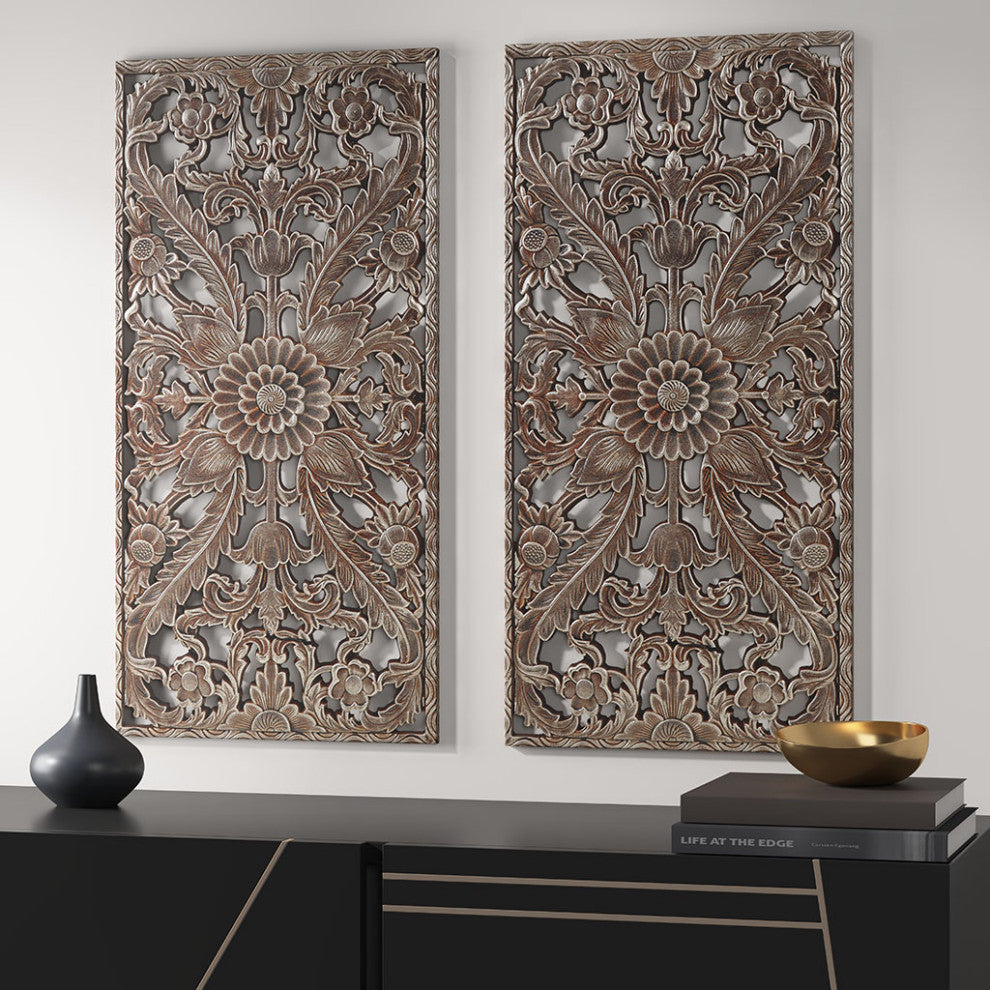 Madison Park Antique Carved Wooden Boho 2-Piece Wall Art Decor, Bronze, Bronze