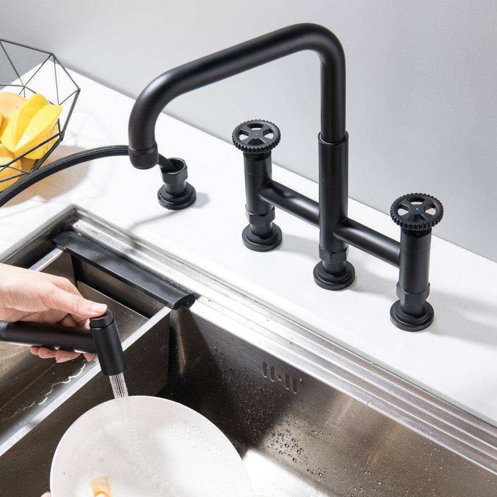 Deck-Mount Bridge Kitchen Sink Faucet With Dual Wheel Handles and Side Sprayer,