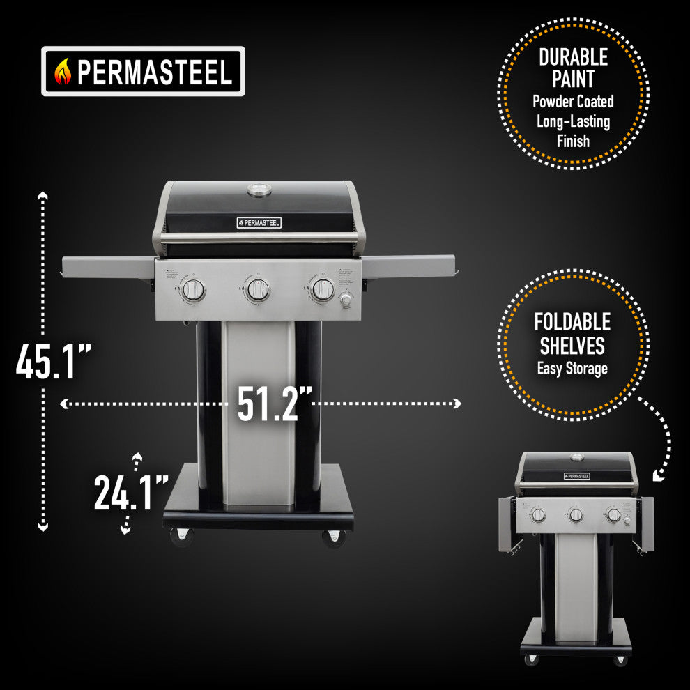 Permasteel 3 Burner Propane Gas Grill with Folding Side Shelves, Black