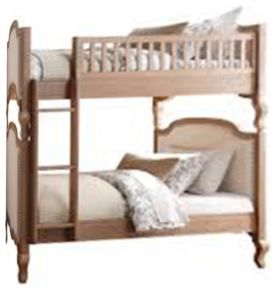 82" X 44" X 73" Twin Over Twin Cream Linen Salvage Oak Fabric Bunk Bed