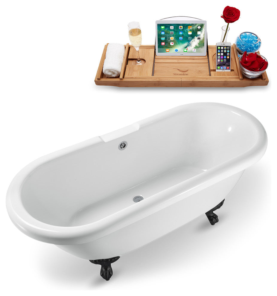 67" White Clawfoot Tub and Tray, Black Feet, Chrome External Drain
