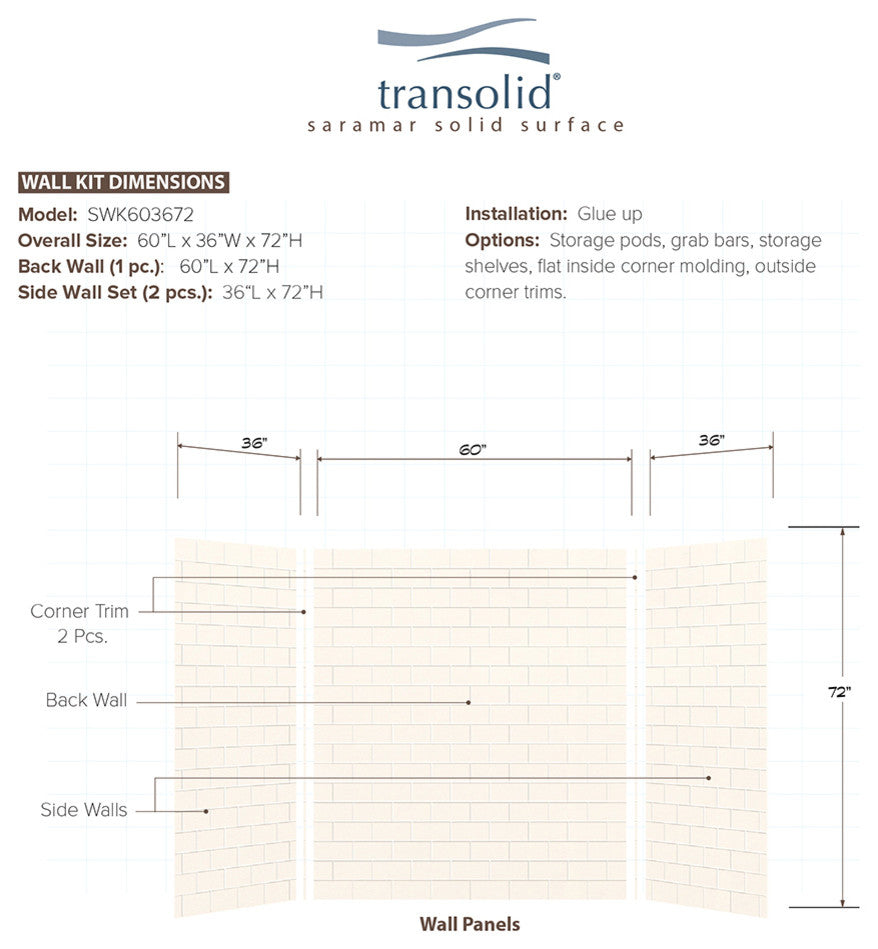 Transolid SaraMar 36in X 60in X 72in Glue to Wall 3-Piece Shower Wall Kit, White