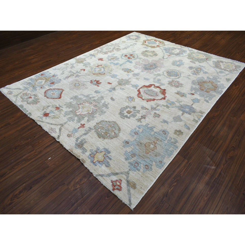 Ivory, Hand Knotted, Afghan Angora Oushak Pure Wool Oriental Rug, 8'1"x9'10"