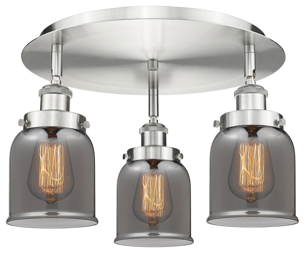Bell-3 Light 17" Flush Mount-Satin Nickel, Plated Smoke Glass Shade