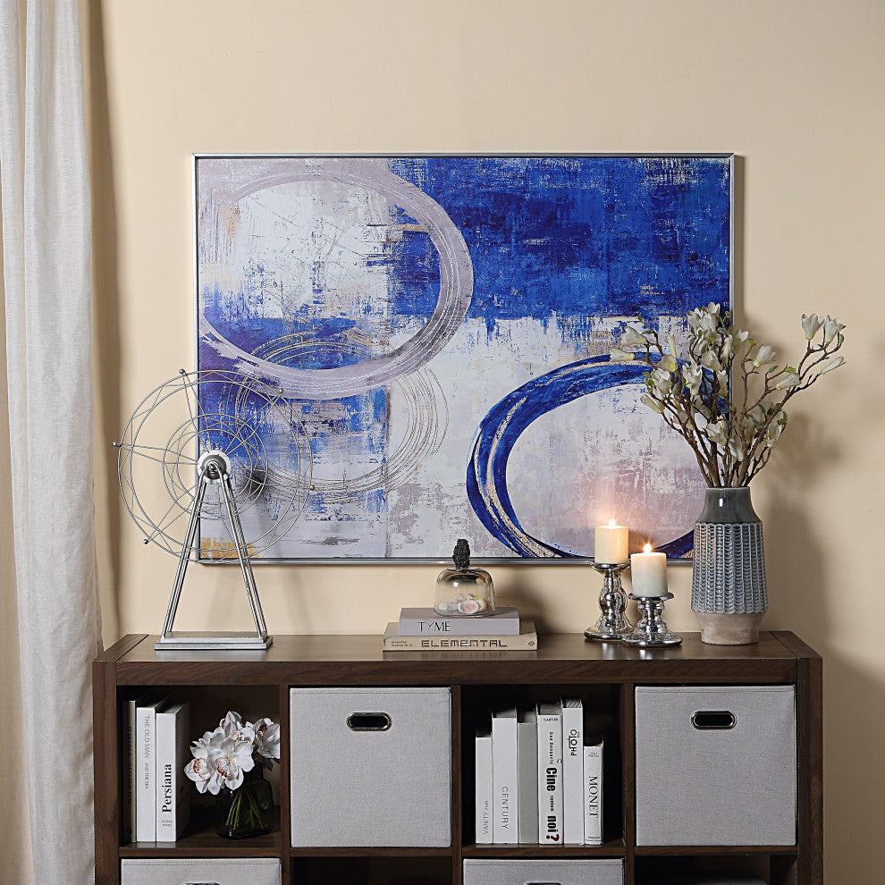 Circle Abstract Wall Art 36x47 With Silver Frame, Blue & Silver