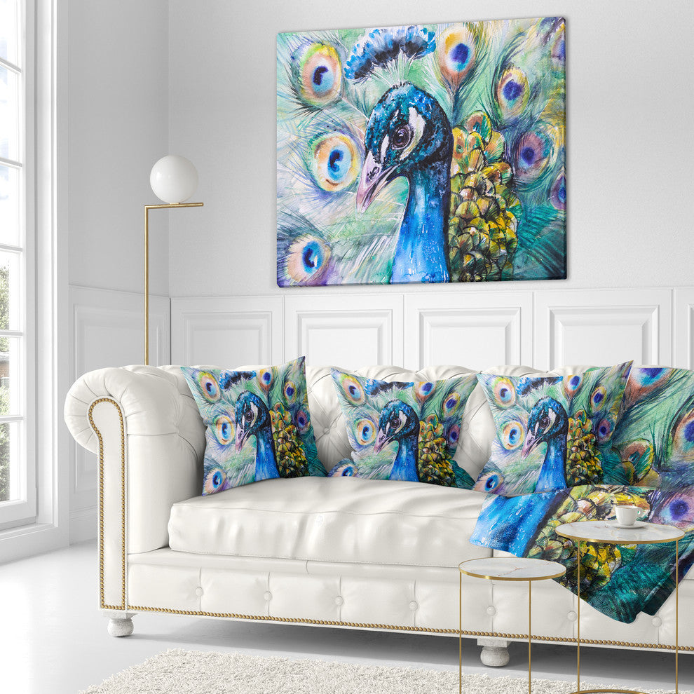 Beautiful Peacock Watercolor Abstract Throw Pillow, 16"x16"