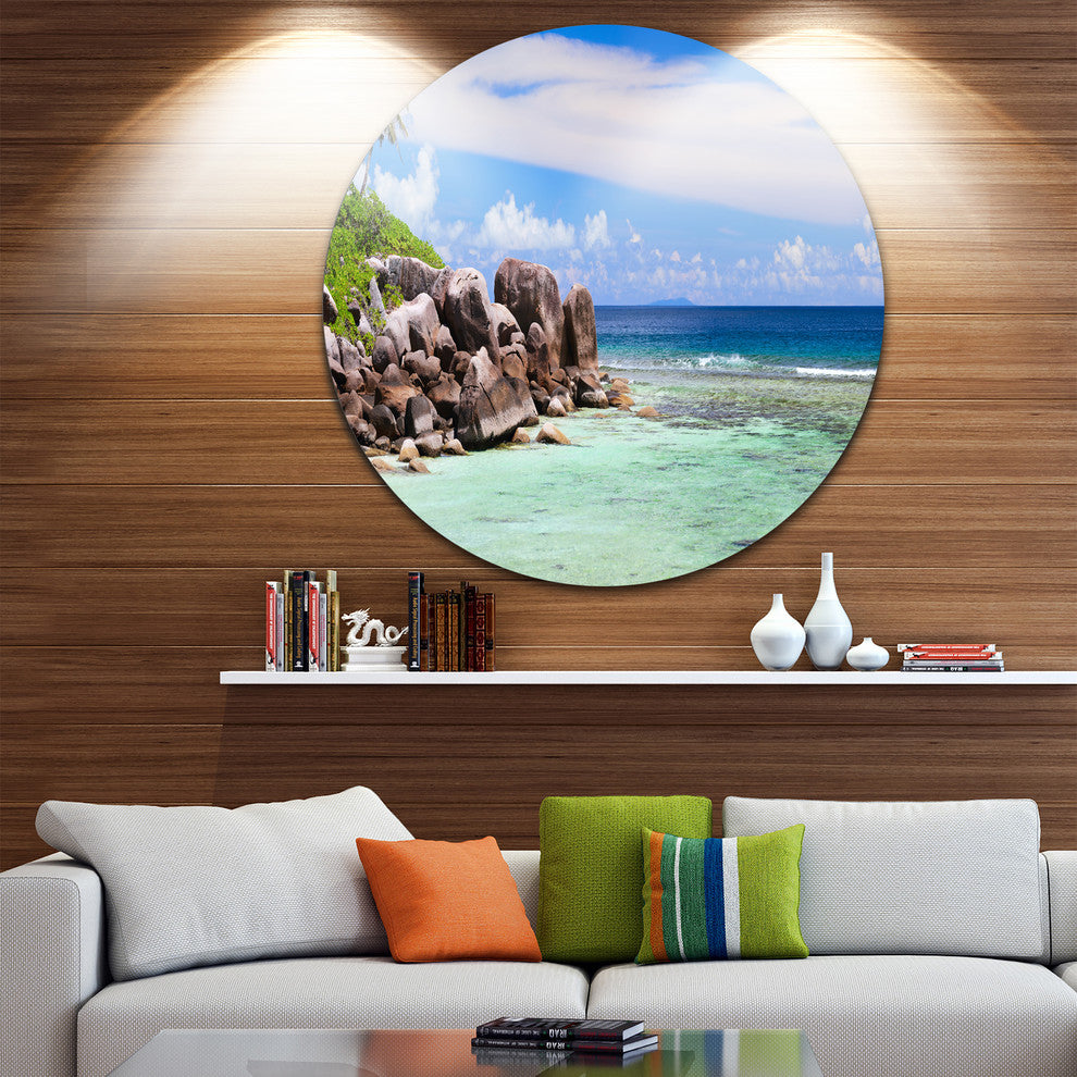 Beautiful Seychelles Rocky Coast, Landscape Disc Metal Wall Art, 23"