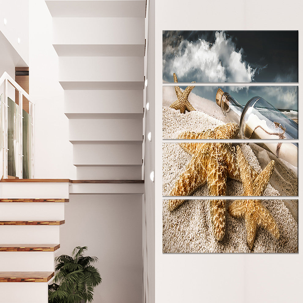Message Bottle Buried in Sand, Seascape Canvas Art Print, 28"x48", 4 Panels