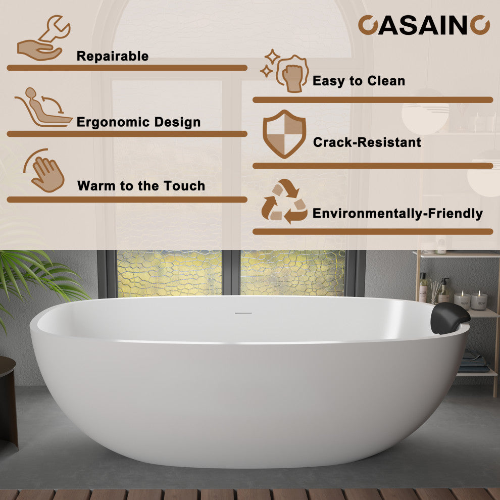 71in White Solid Surface Freestanding Soaking Bathtub with Drain