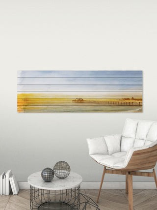 "Malibu Pier" Print on White Wood, 45"x15"