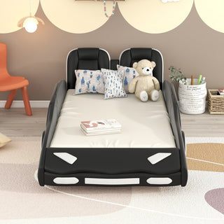 Gewnee Twin Size Race Car-Shaped Platform Bed with Wheels in White, Black