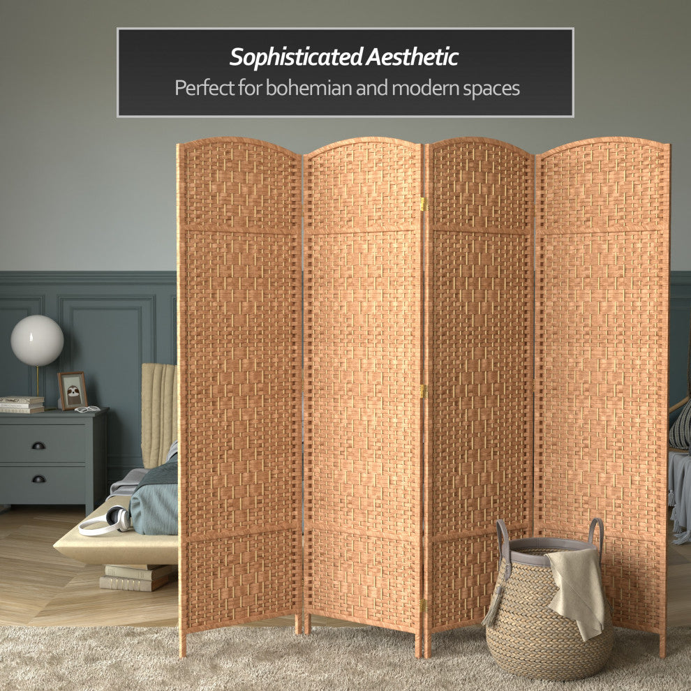 6'' Tall Diamond Weave Fiber Room Divider, Natural, 4 Panel