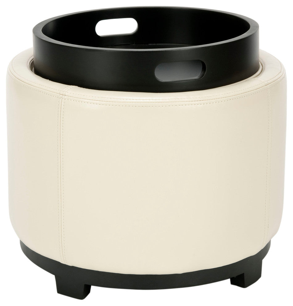 Safavieh Chelsea Round Tray Ottoman, Flat Cream Leather