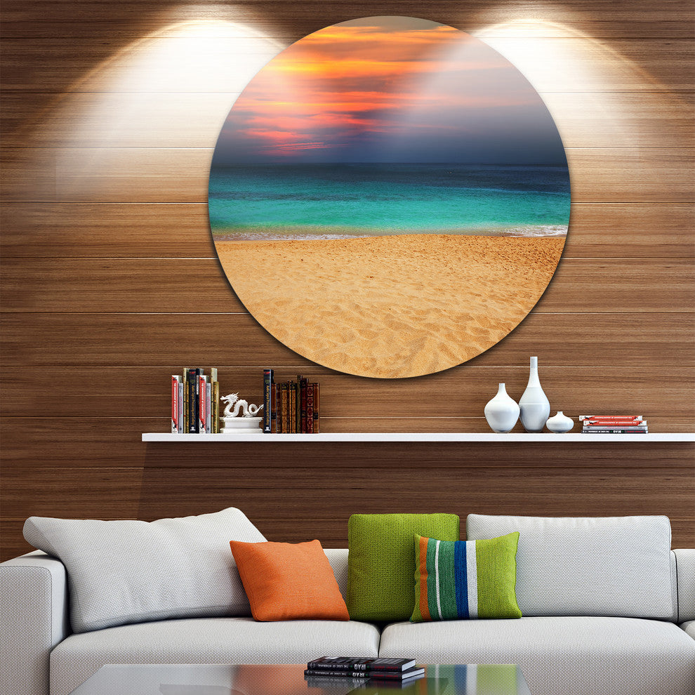 Sand To Sky Colorful Seashore, Modern Beach Disc Metal Artwork, 11"